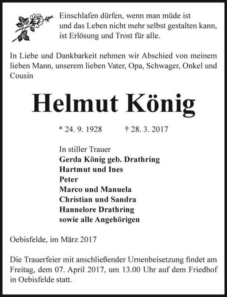  Traueranzeige für Helmut König  vom 30.03.2017 aus Magdeburger Volksstimme