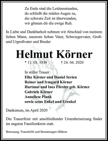 Traueranzeige von Helmut Körner  von Magdeburger Volksstimme