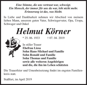 Traueranzeige von Helmut Körner  von Magdeburger Volksstimme