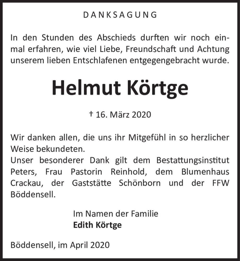  Traueranzeige für Helmut Körtge  vom 11.04.2020 aus Magdeburger Volksstimme