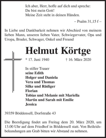 Traueranzeige von Helmut Körtge  von Magdeburger Volksstimme