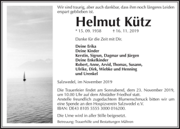 Traueranzeige von Helmut Kütz  von Magdeburger Volksstimme