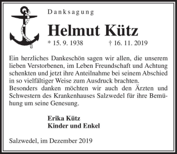 Traueranzeige von Helmut Kütz  von Magdeburger Volksstimme
