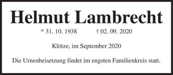 Traueranzeige von Helmut Lambrecht  von Magdeburger Volksstimme