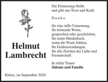 Traueranzeige von Helmut Lambrecht  von Magdeburger Volksstimme