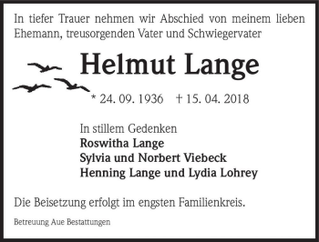 Traueranzeige von Helmut Lange  von Magdeburger Volksstimme