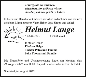 Traueranzeige von Helmut Lange  von Magdeburger Volksstimme