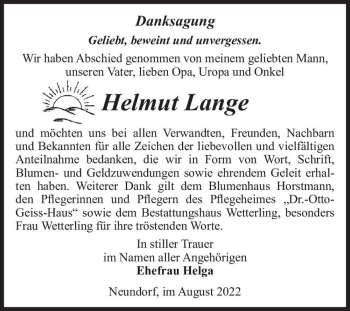 Traueranzeige von Helmut Lange  von Magdeburger Volksstimme
