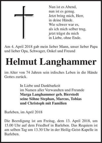 Traueranzeige von Helmut Langhammer  von Magdeburger Volksstimme