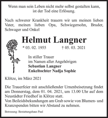 Traueranzeige von Helmut Langner  von Magdeburger Volksstimme