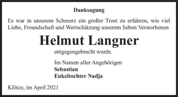 Traueranzeige von Helmut Langner  von Magdeburger Volksstimme