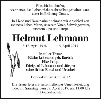 Traueranzeige von Helmut Lehmann  von Magdeburger Volksstimme