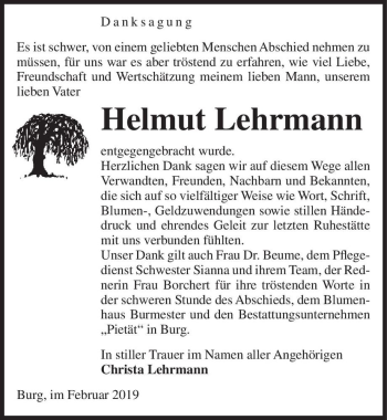 Traueranzeige von Helmut Lehrmann  von Magdeburger Volksstimme