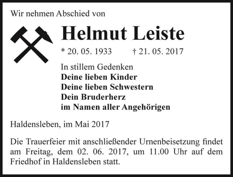  Traueranzeige für Helmut Leiste  vom 30.05.2017 aus Magdeburger Volksstimme