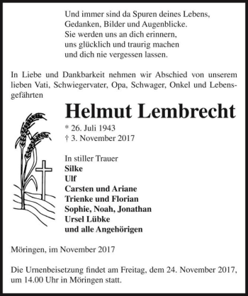 Traueranzeige von Helmut Lembrecht  von Magdeburger Volksstimme
