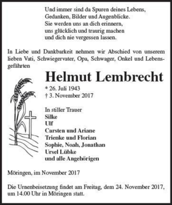 Traueranzeige von Helmut Lembrecht  von Magdeburger Volksstimme