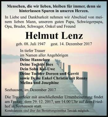 Traueranzeige von Helmut Lenz  von Magdeburger Volksstimme