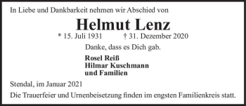 Traueranzeige von Helmut Lenz  von Magdeburger Volksstimme