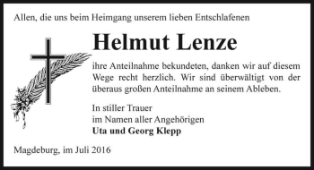 Traueranzeige von Helmut Lenze  von Magdeburger Volksstimme