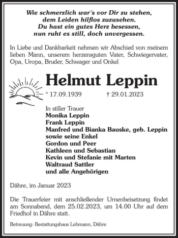 Traueranzeige von Helmut Leppin  von Magdeburger Volksstimme