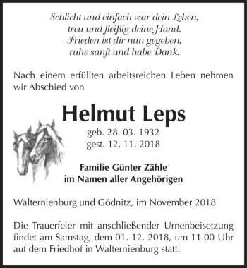 Traueranzeige von Helmut Leps  von Magdeburger Volksstimme
