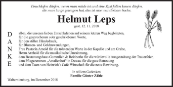 Traueranzeige von Helmut Leps  von Magdeburger Volksstimme