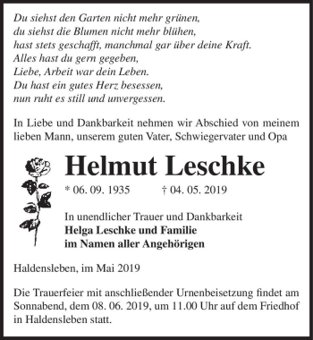 Traueranzeige von Helmut Leschke  von Magdeburger Volksstimme