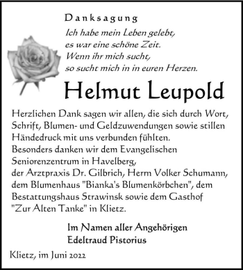 Traueranzeige von Helmut Leupold  von Magdeburger Volksstimme