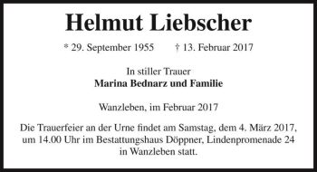 Traueranzeige von Helmut Liebscher  von Magdeburger Volksstimme