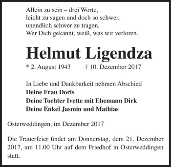 Traueranzeige von Helmut Ligendza  von Magdeburger Volksstimme
