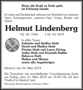 Traueranzeige von Helmut Lindenberg  von Magdeburger Volksstimme