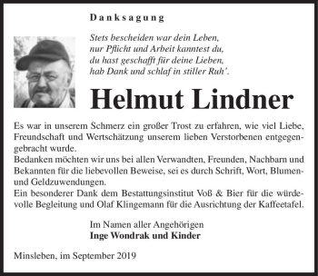 Traueranzeige von Helmut Lindner  von Magdeburger Volksstimme