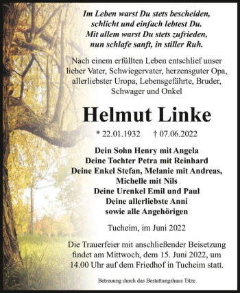 Traueranzeige von Helmut Linke  von Magdeburger Volksstimme