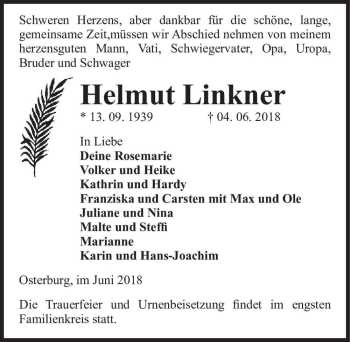Traueranzeige von Helmut Linkner  von Magdeburger Volksstimme