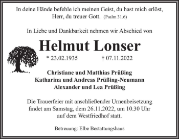 Traueranzeige von Helmut Lonser  von Magdeburger Volksstimme