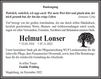 Traueranzeige von Helmut Lonser  von Magdeburger Volksstimme