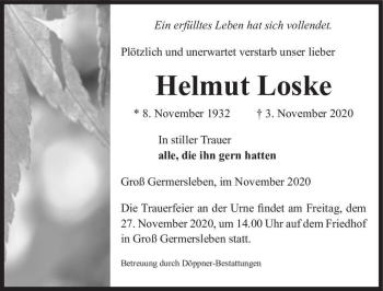 Traueranzeige von Helmut Loske  von Magdeburger Volksstimme