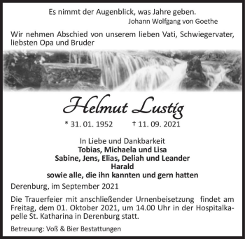 Traueranzeige von Helmut Lustig  von Magdeburger Volksstimme