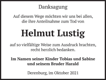 Traueranzeige von Helmut Lustig  von Magdeburger Volksstimme