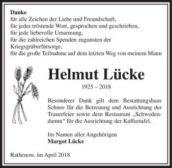 Traueranzeige von Helmut Lücke  von Magdeburger Volksstimme
