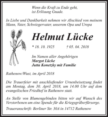 Traueranzeige von Helmut Lücke  von Magdeburger Volksstimme