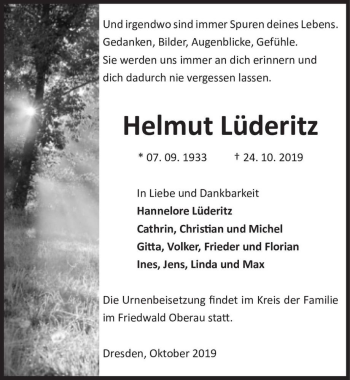 Traueranzeige von Helmut Lüderitz  von Magdeburger Volksstimme