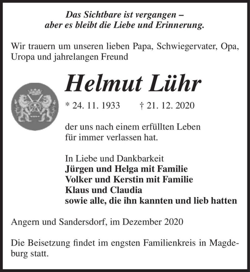  Traueranzeige für Helmut Lühr  vom 30.12.2020 aus Magdeburger Volksstimme