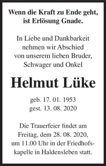 Traueranzeige von Helmut Lüke  von Magdeburger Volksstimme