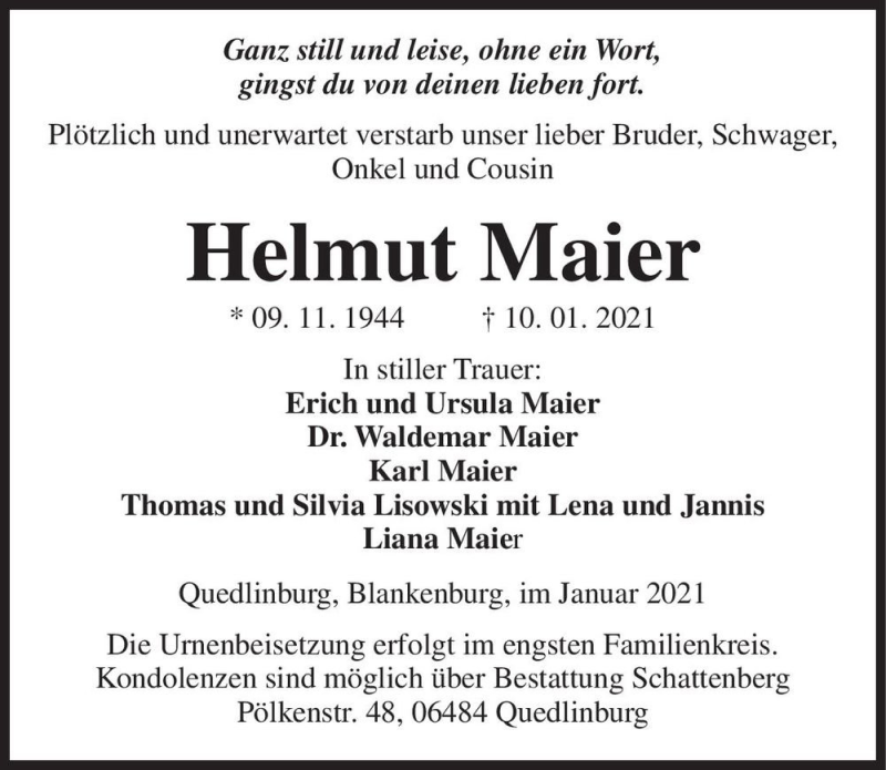  Traueranzeige für Helmut Maier  vom 23.01.2021 aus Magdeburger Volksstimme