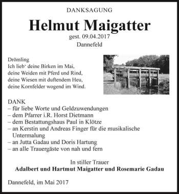 Traueranzeige von Helmut Maigatter  von Magdeburger Volksstimme