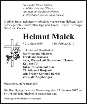 Traueranzeige von Helmut Malek  von Magdeburger Volksstimme