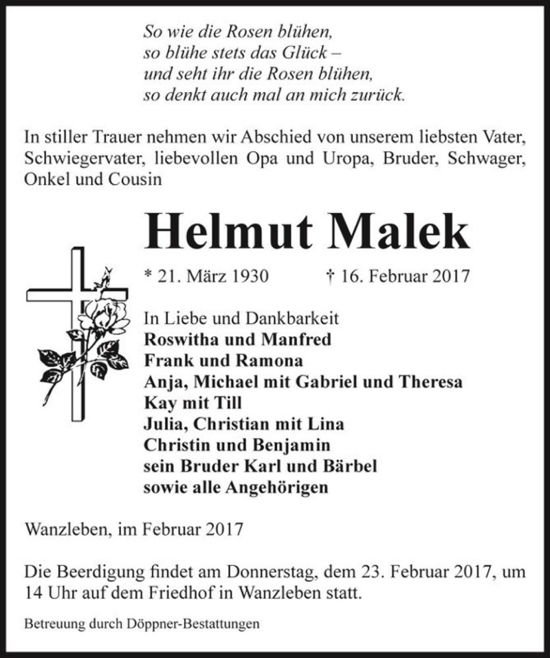  Traueranzeige für Helmut Malek  vom 20.02.2017 aus Magdeburger Volksstimme
