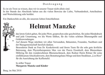 Traueranzeige von Helmut Manzke  von Magdeburger Volksstimme