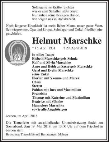 Traueranzeige von Helmut Marschke  von Magdeburger Volksstimme
